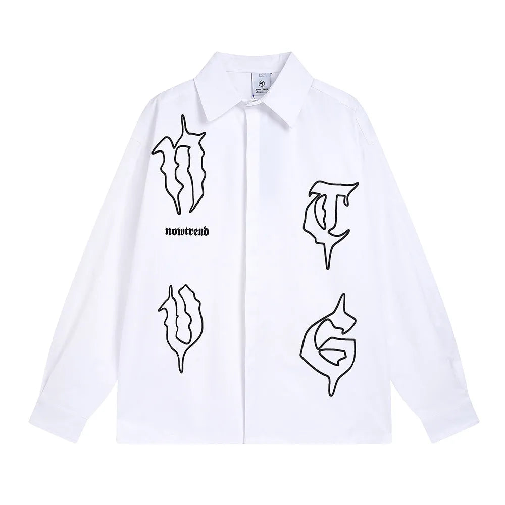 Gothic Letter Printed Long Sleeve Shirt Loose Casual Cardigan - Bellarte Enchanté Gothic Letter Printed Long Sleeve Shirt Loose Casual Cardigan
